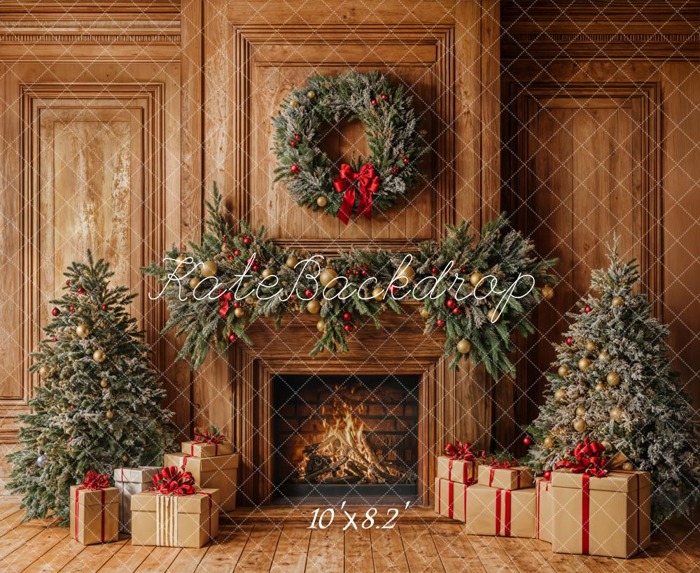 Kate Christmas Fireplace Wooden Wall Backdrop Designed by Emetselch - Kate Backdrop AU