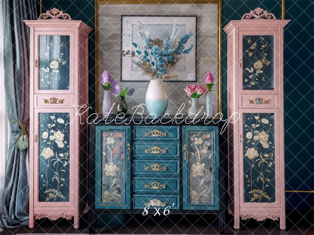 Kate Pink Teal Cabinets Backdrop Designed by Mini MakeBelieve - Kate Backdrop AU