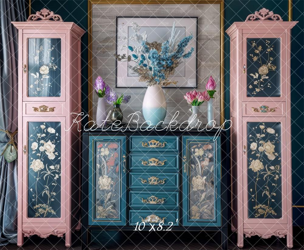 Kate Pink Teal Cabinets Backdrop Designed by Mini MakeBelieve - Kate Backdrop AU