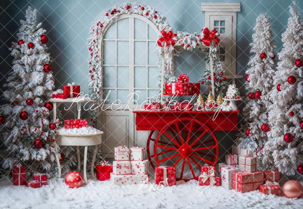 Kate White Snow Christmas Tree Backdrop Doors Trolleys Designed by Emetselch - Kate Backdrop AU