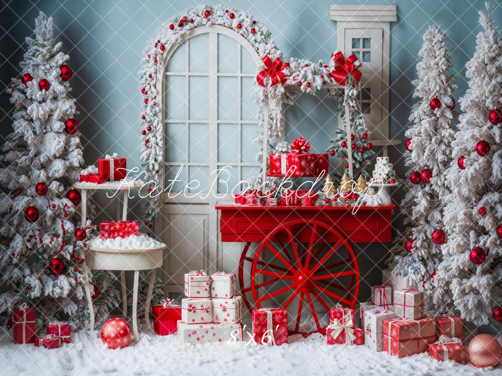 Kate White Snow Christmas Tree Backdrop Doors Trolleys Designed by Emetselch - Kate Backdrop AU