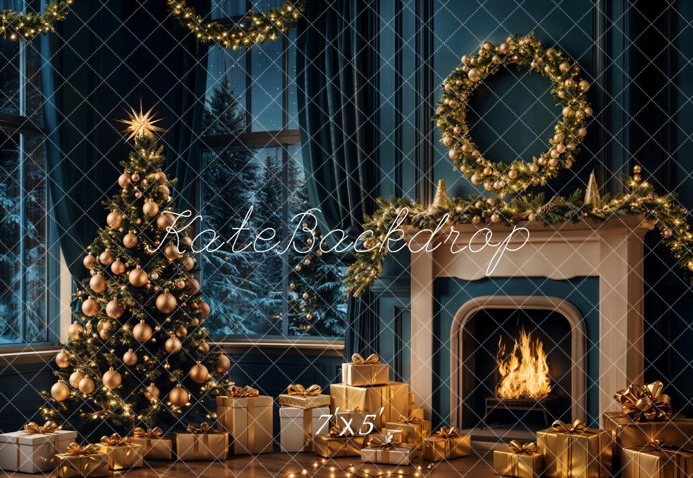 Kate Christmas Tree Night Fireplace Backdrop Designed by Emetselch - Kate Backdrop AU
