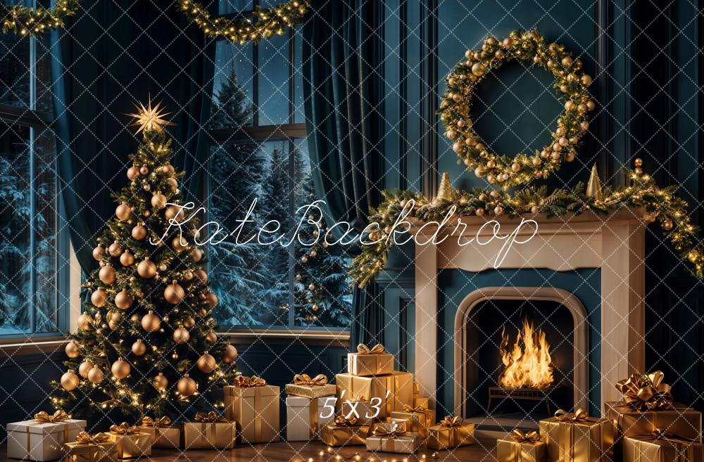 Kate Christmas Tree Night Fireplace Backdrop Designed by Emetselch - Kate Backdrop AU