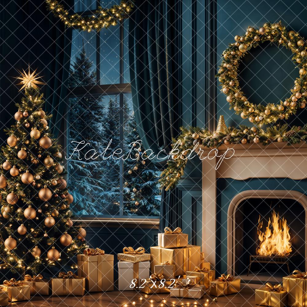 Kate Christmas Tree Night Fireplace Backdrop Designed by Emetselch - Kate Backdrop AU
