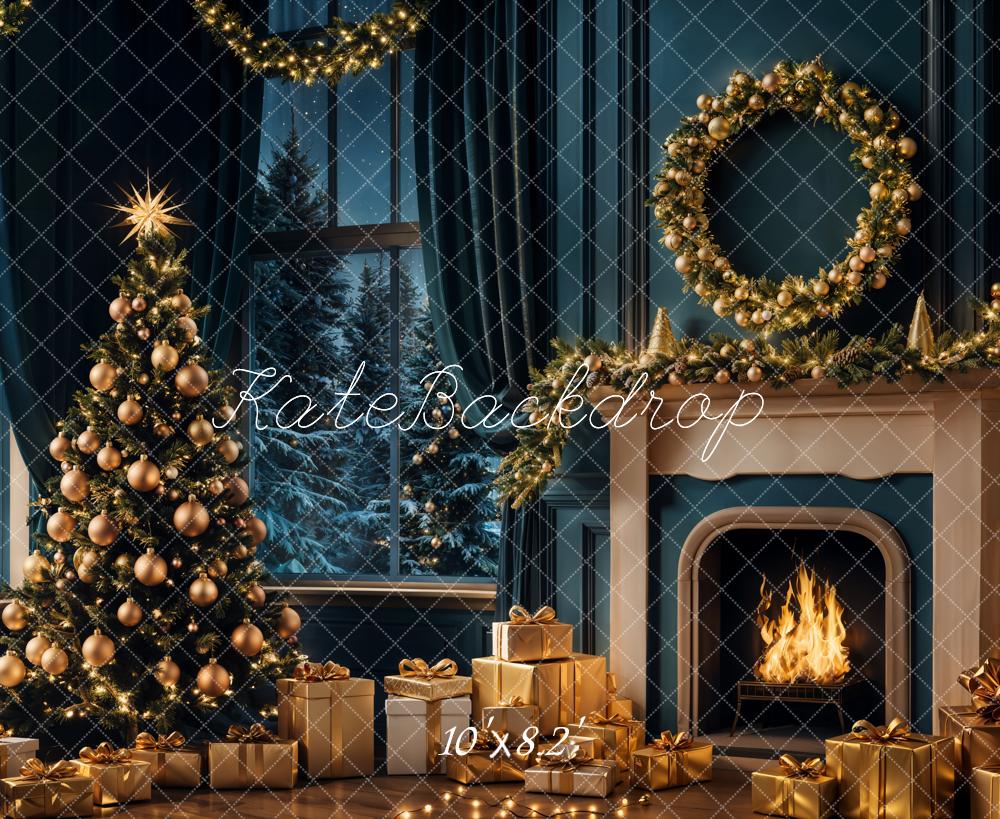 Kate Christmas Tree Night Fireplace Backdrop Designed by Emetselch - Kate Backdrop AU