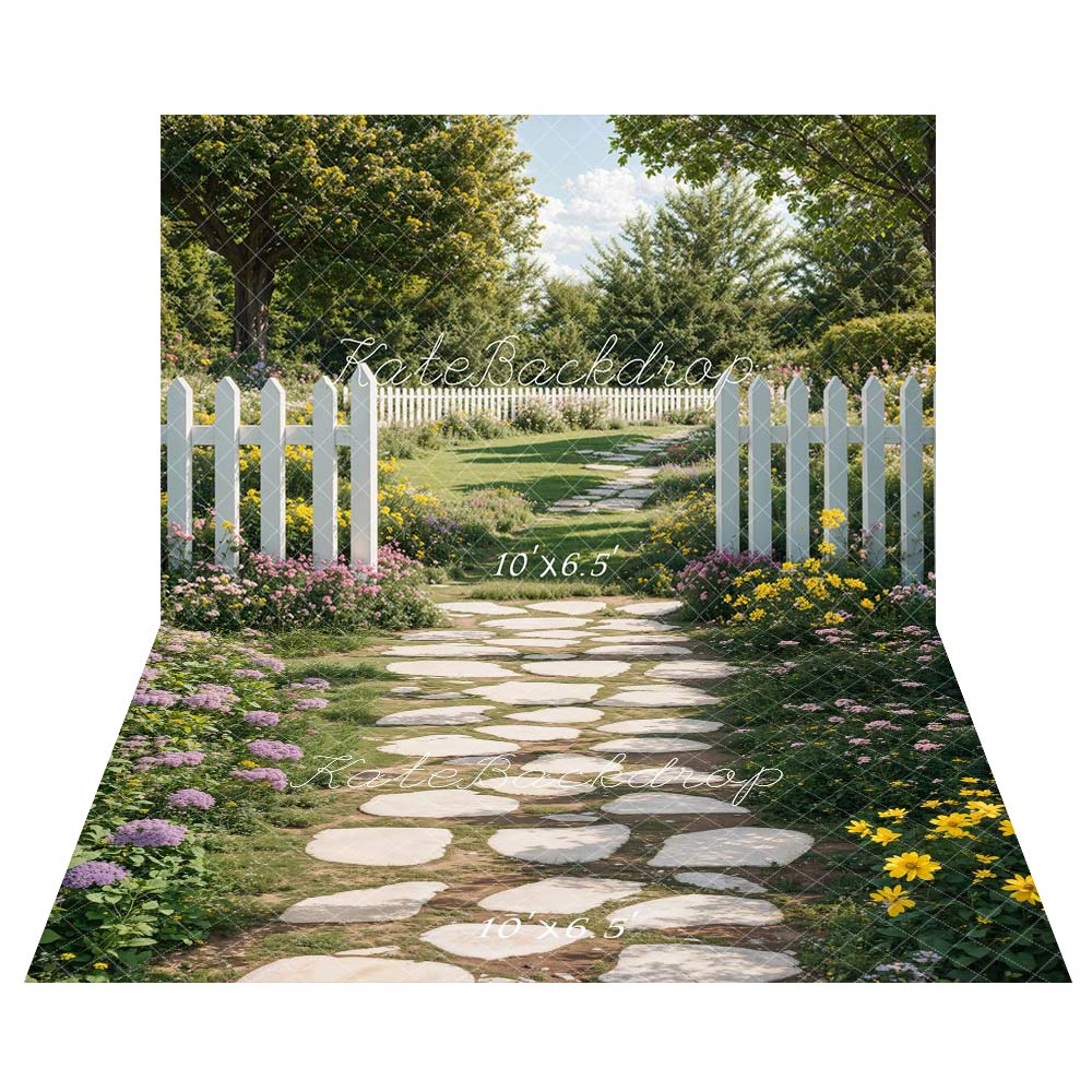 Kate Spring Garden Path Fence Backdrop+Stone Pathway Floral Floor Backdrop - Kate Backdrop AU