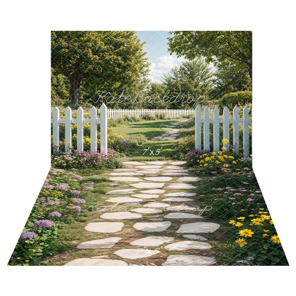 Kate Spring Garden Path Fence Backdrop+Stone Pathway Floral Floor Backdrop - Kate Backdrop AU