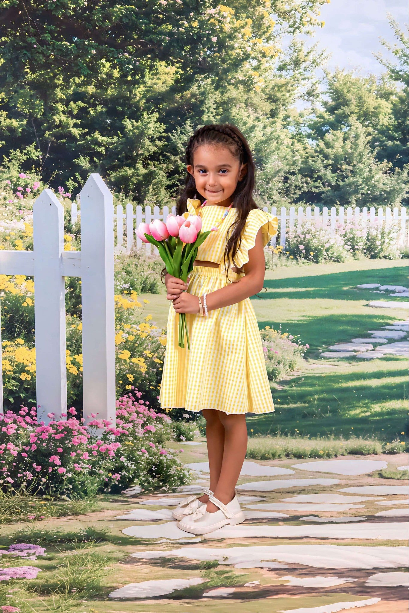 Kate Spring Garden Path Fence Backdrop+Stone Pathway Floral Floor Backdrop - Kate Backdrop AU