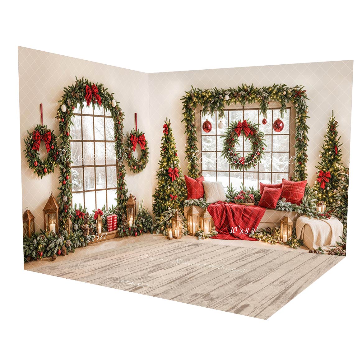 Kate Christmas Window Garland Red Blanket Room Set(8ftx8ft&10ftx8ft&8ftx10ft) - Kate Backdrop AU