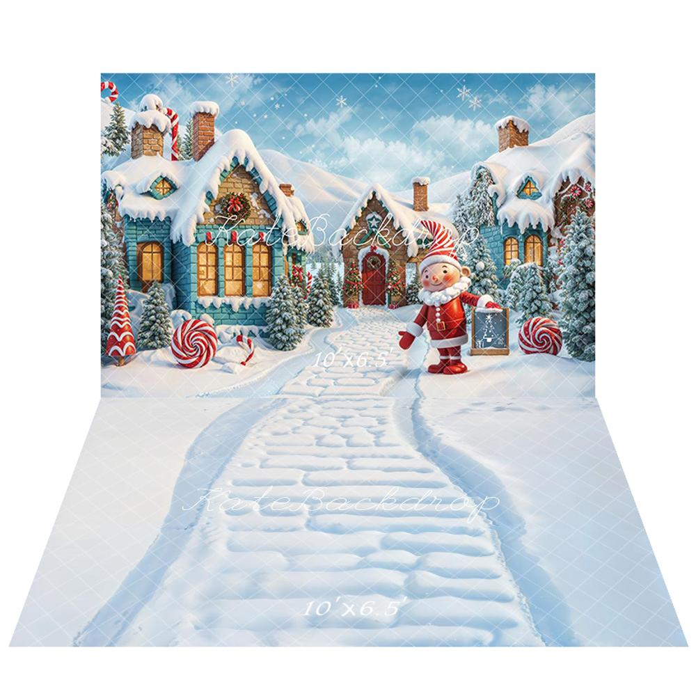Kate Christmas Elf Candy Snowy House Backdrop+Winter Snowy Brick Path Floor Backdrop - Kate Backdrop AU