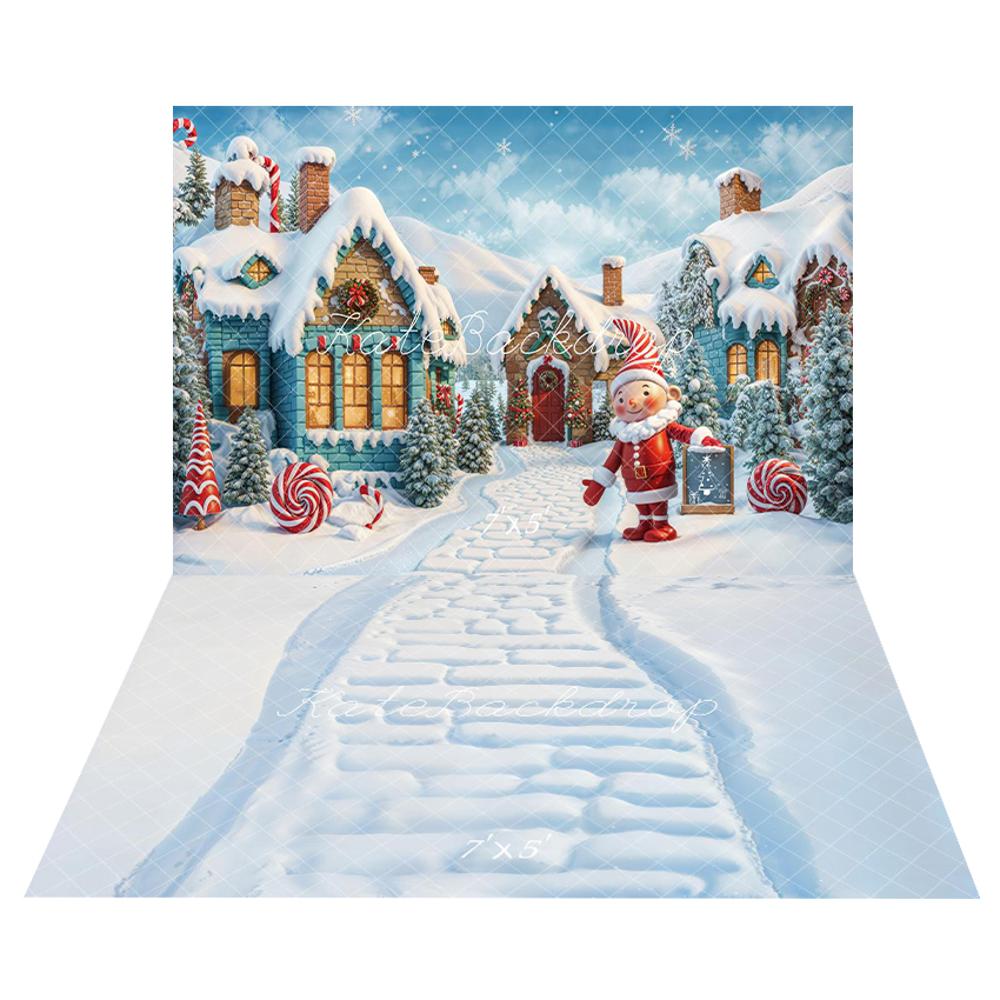Kate Christmas Elf Candy Snowy House Backdrop+Winter Snowy Brick Path Floor Backdrop - Kate Backdrop AU