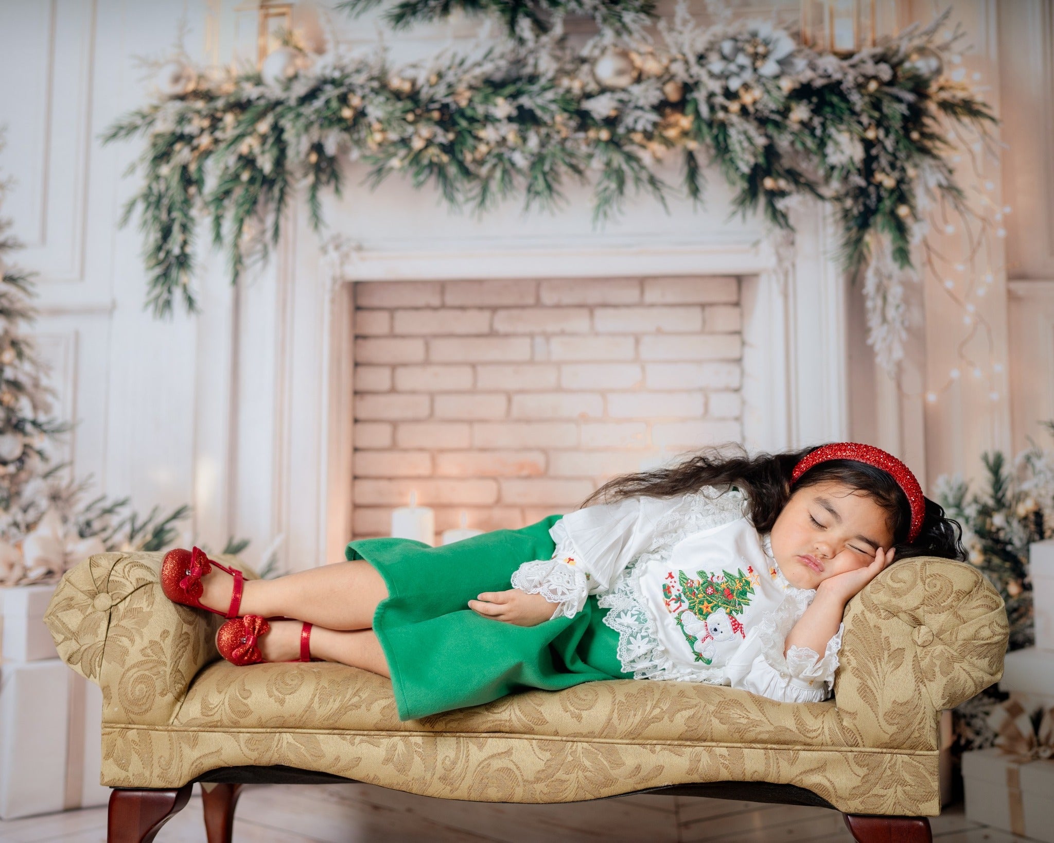 Kate Christmas Fireplace Wreath Trees Backdrop Designed by Emetselch