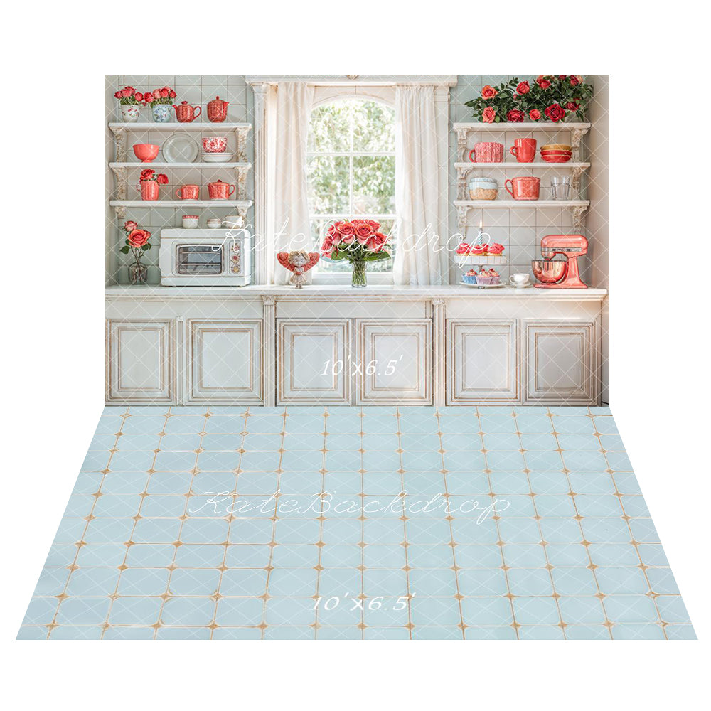 Kate Vintage Kitchen Cabinets Window Backdrop+Tile Pattern Floor Backdrop - Kate Backdrop AU