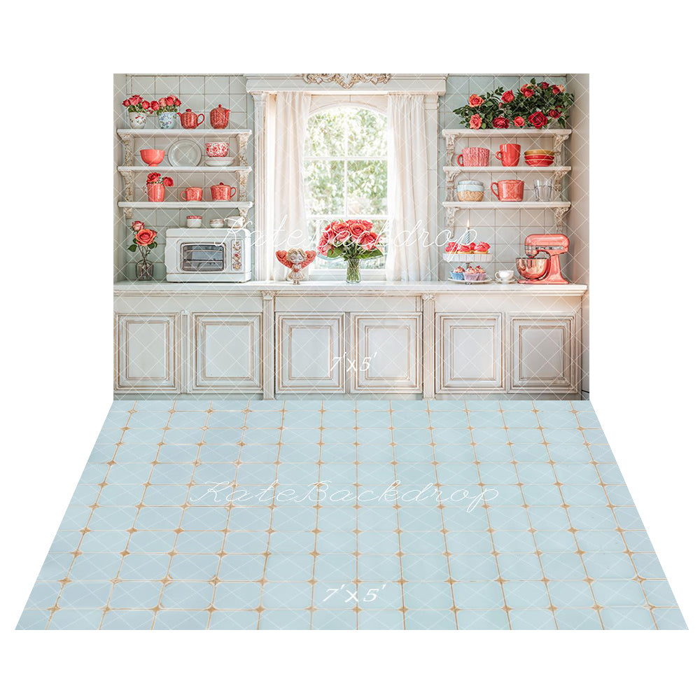 Kate Vintage Kitchen Cabinets Window Backdrop+Tile Pattern Floor Backdrop - Kate Backdrop AU