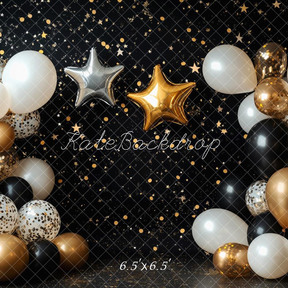 Kate Black Cake Smash Backdrop Gold Stars Balloons Designed by Patty Robert - Kate Backdrop AU