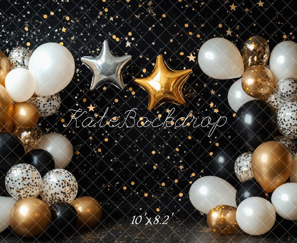 Kate Black Cake Smash Backdrop Gold Stars Balloons Designed by Patty Robert - Kate Backdrop AU