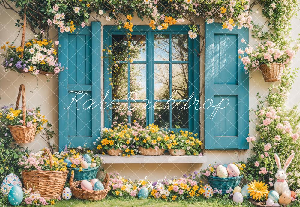 Kate Easter Backdrop Bunny Floral Blue Window Designed by Emetselch - Kate Backdrop AU