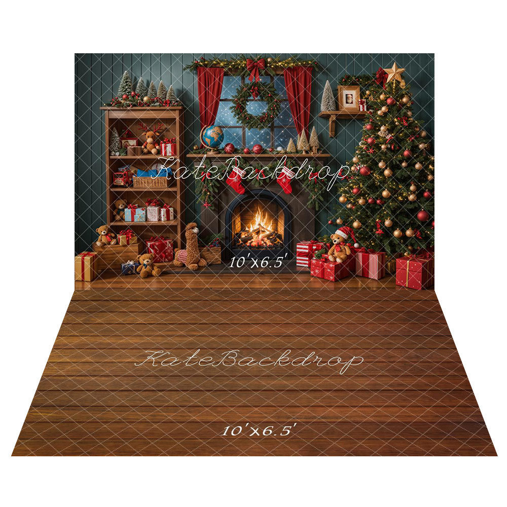 Kate Christmas Tree Fireplace Wooden Wall Backdrop+Wood Board Floor Backdrop - Kate Backdrop AU
