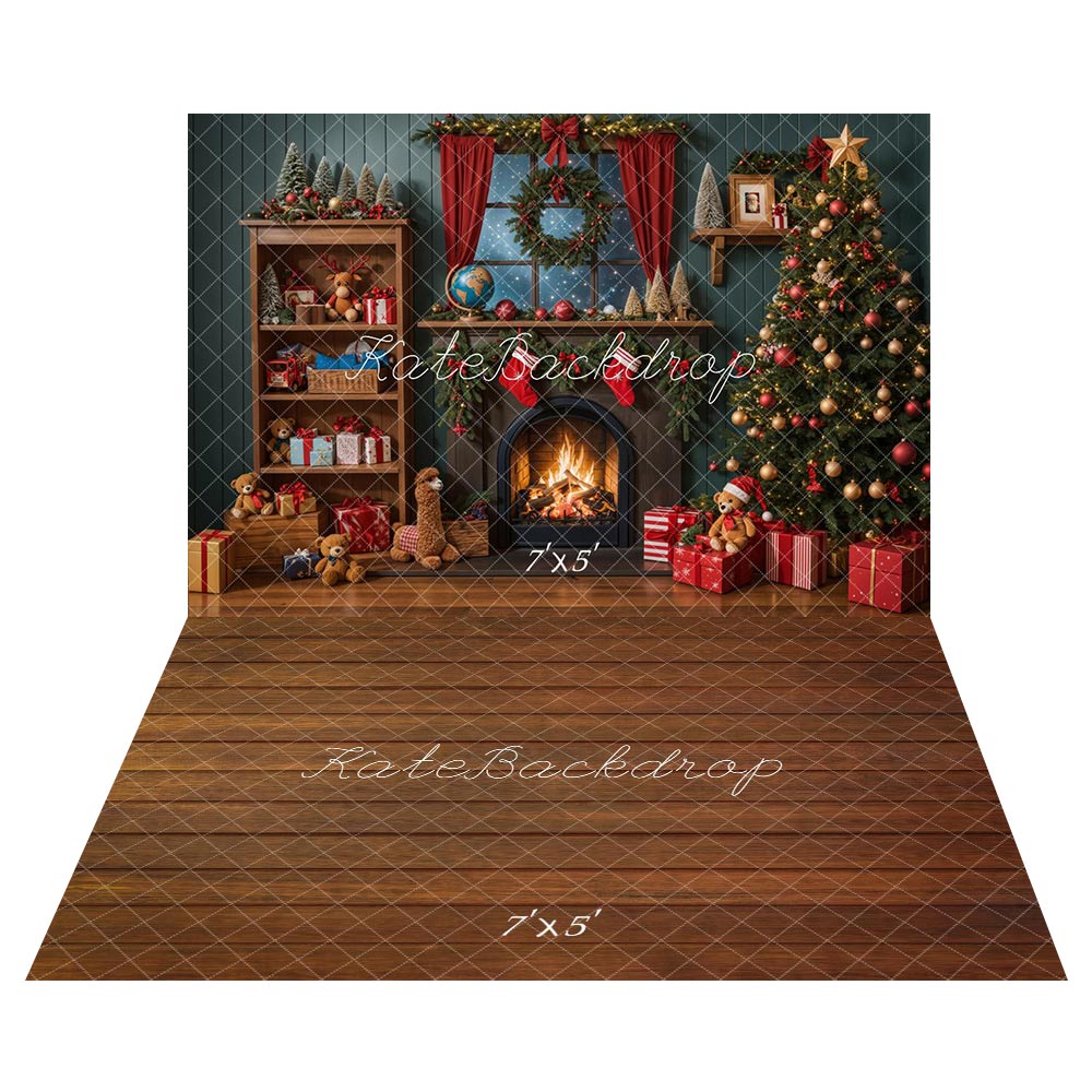 Kate Christmas Tree Fireplace Wooden Wall Backdrop+Wood Board Floor Backdrop - Kate Backdrop AU