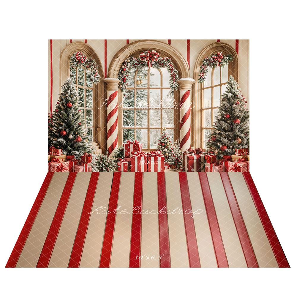 Kate Christmas Tree Gift Window Backdrop+Red Stripes Wood Floor Backdrop - Kate Backdrop AU