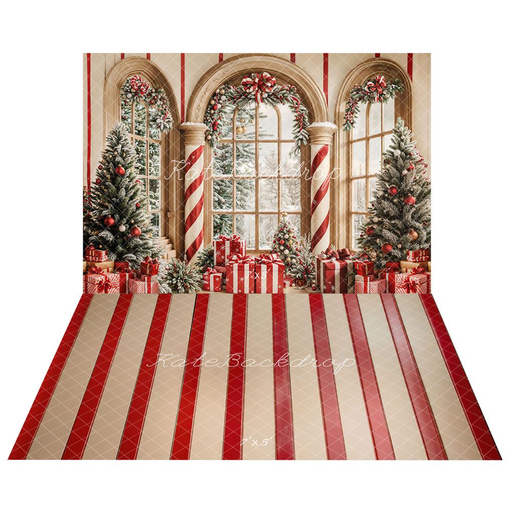 Kate Christmas Tree Gift Window Backdrop+Red Stripes Wood Floor Backdrop - Kate Backdrop AU