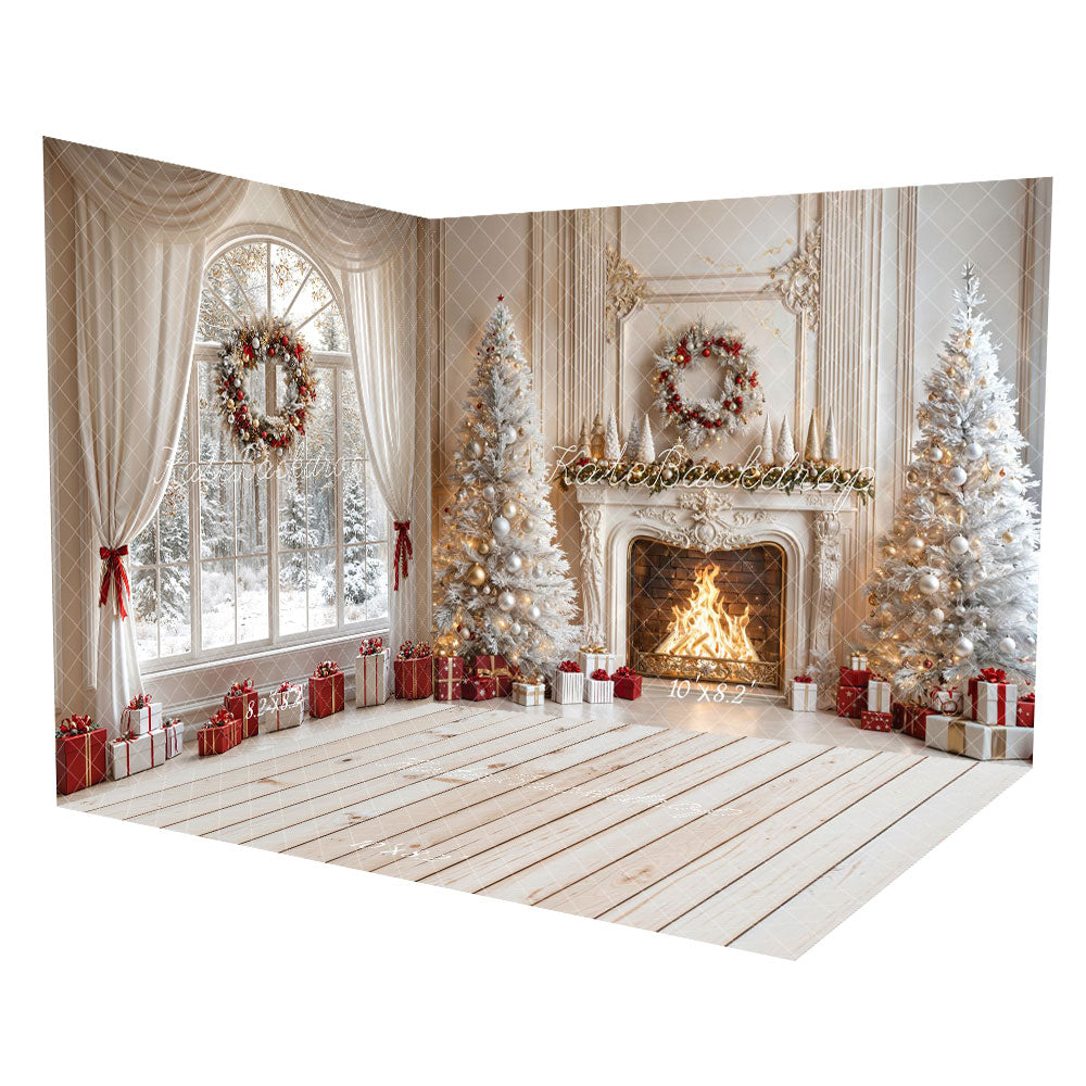 Kate Christmas Fireplace White Trees Gifts Room Set (8ftx8ft&10ftx8ft&8ftx10ft) - Kate Backdrop AU