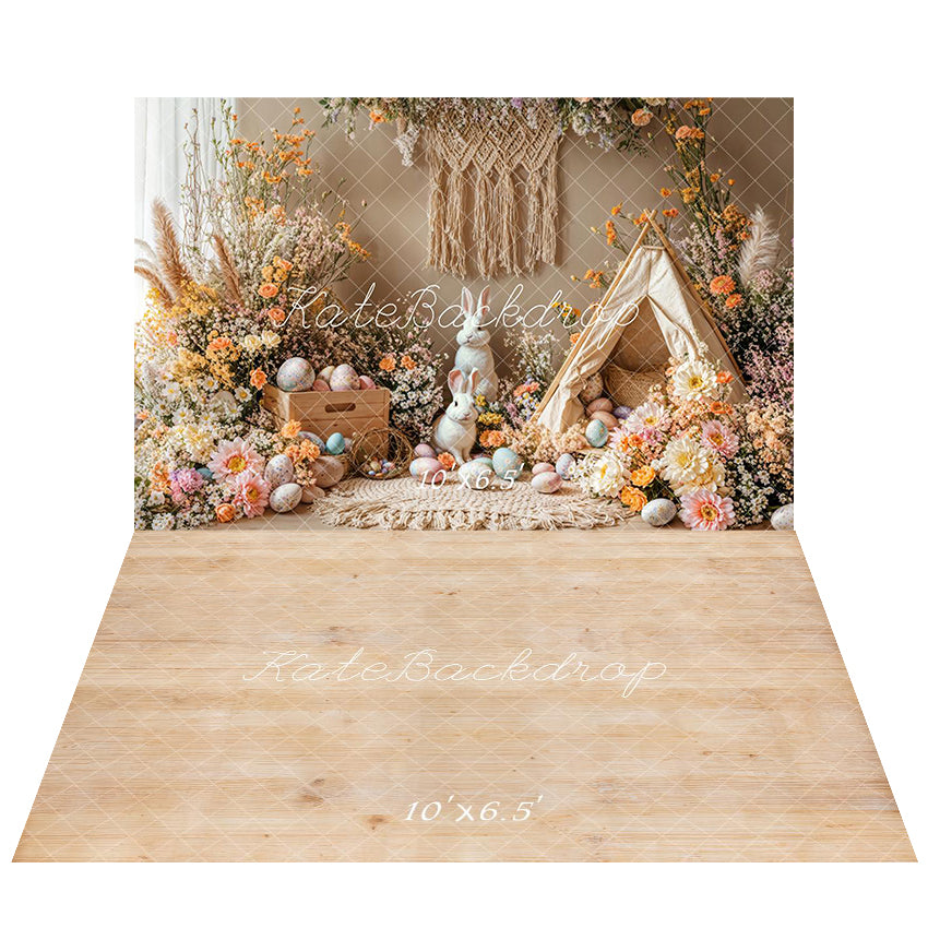 Kate Flower Easter Bunny Egg Spring Backdrop+Light Wood Grain Floor Backdrop - Kate Backdrop AU