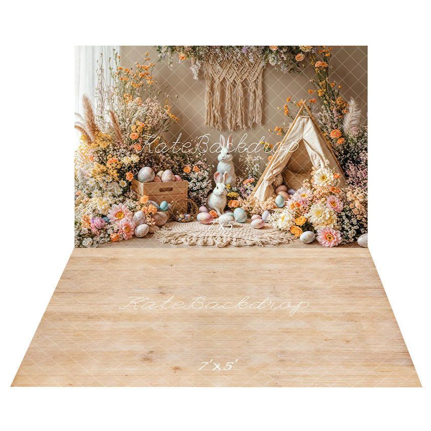 Kate Flower Easter Bunny Egg Spring Backdrop+Light Wood Grain Floor Backdrop - Kate Backdrop AU