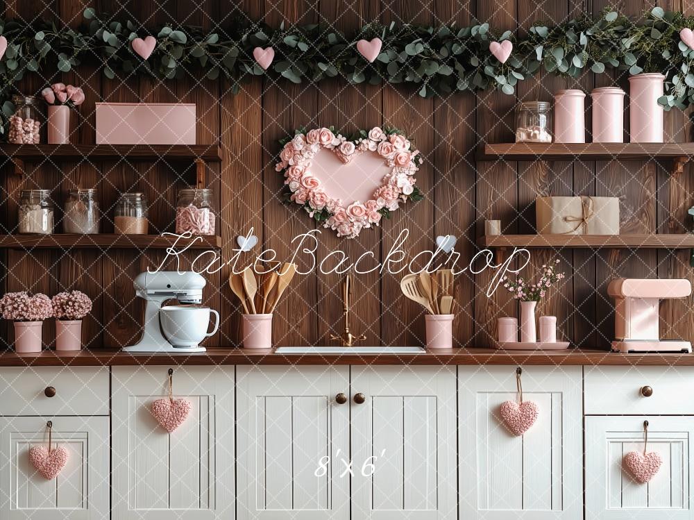 Kate Valentine's Day Pink Kitchen Hearts Backdrop Designed by Patty Roberts - Kate Backdrop AU
