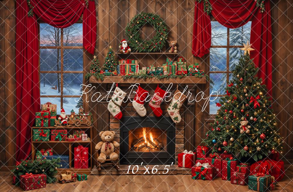 Kate Christmas Fireplace Tree Stockings Presents Backdrop Designed by Emetselch