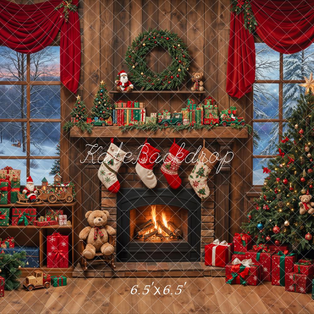 Kate Christmas Fireplace Tree Stockings Presents Backdrop Designed by Emetselch