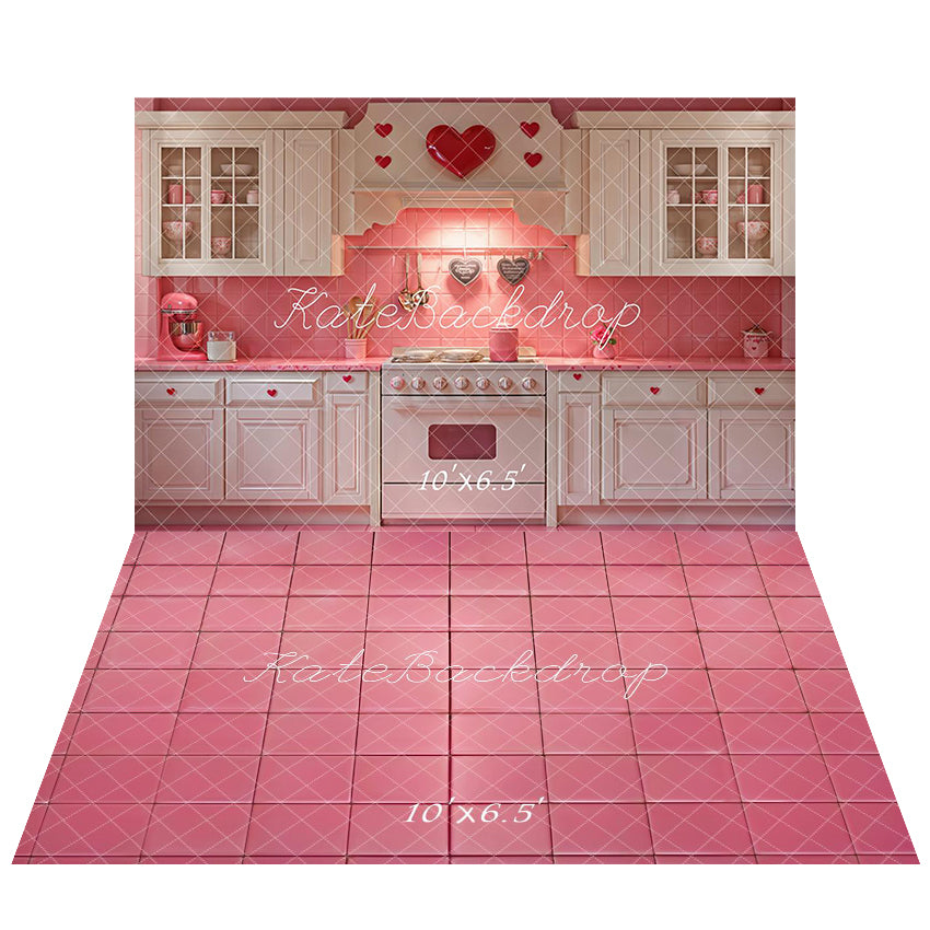 Kate Girls Birthday Kitchen Valentine's Day Backdrop+Pink Checkered Floor Backdrop - Kate Backdrop AU