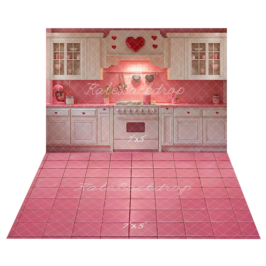Kate Girls Birthday Kitchen Valentine's Day Backdrop+Pink Checkered Floor Backdrop - Kate Backdrop AU