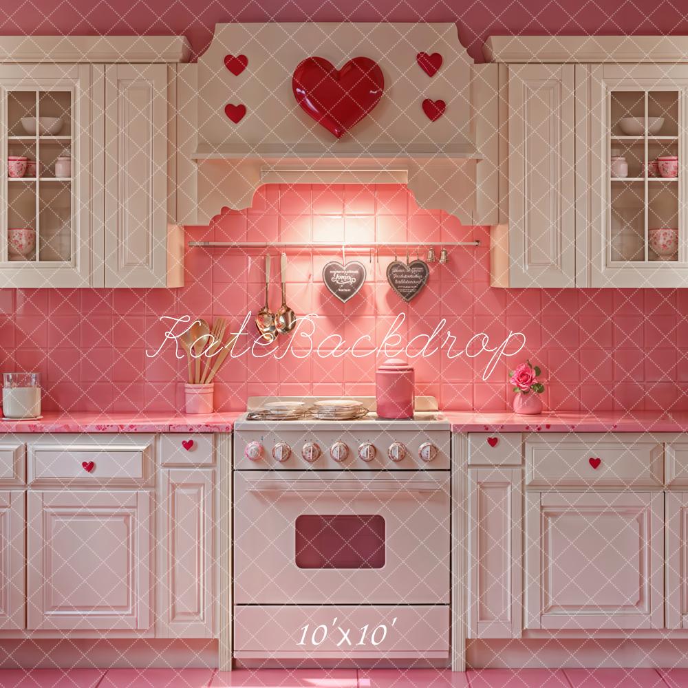 Kate Valentine Pink Heart Kitchen Cabinets Backdrop Designed by Emetselch - Kate Backdrop AU