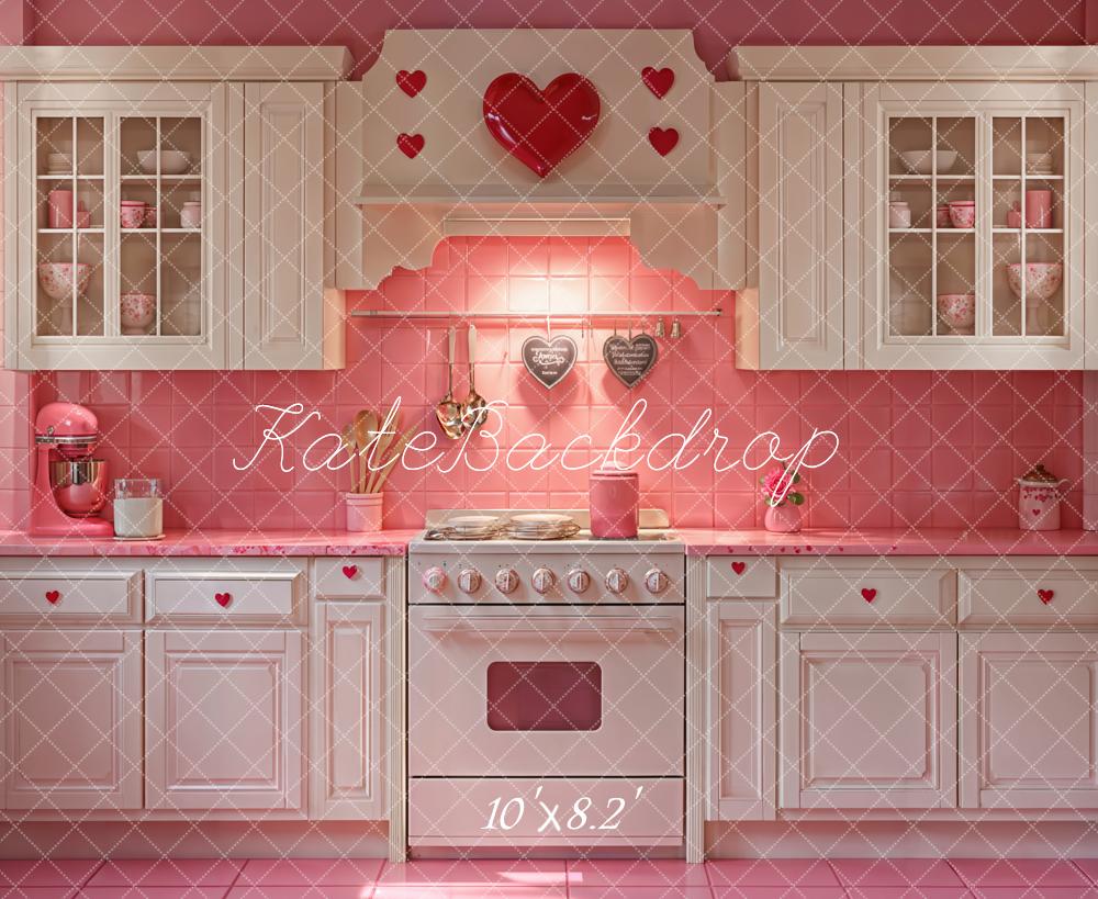 Kate Valentine Pink Heart Kitchen Cabinets Backdrop Designed by Emetselch - Kate Backdrop AU