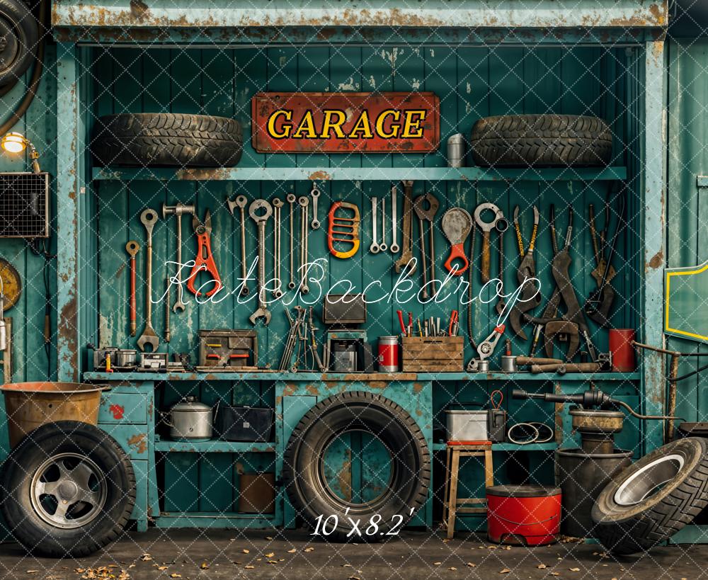Kate Industrial Vintage Garage Tools Tire Backdrop Designed by Emetselch - Kate Backdrop AU