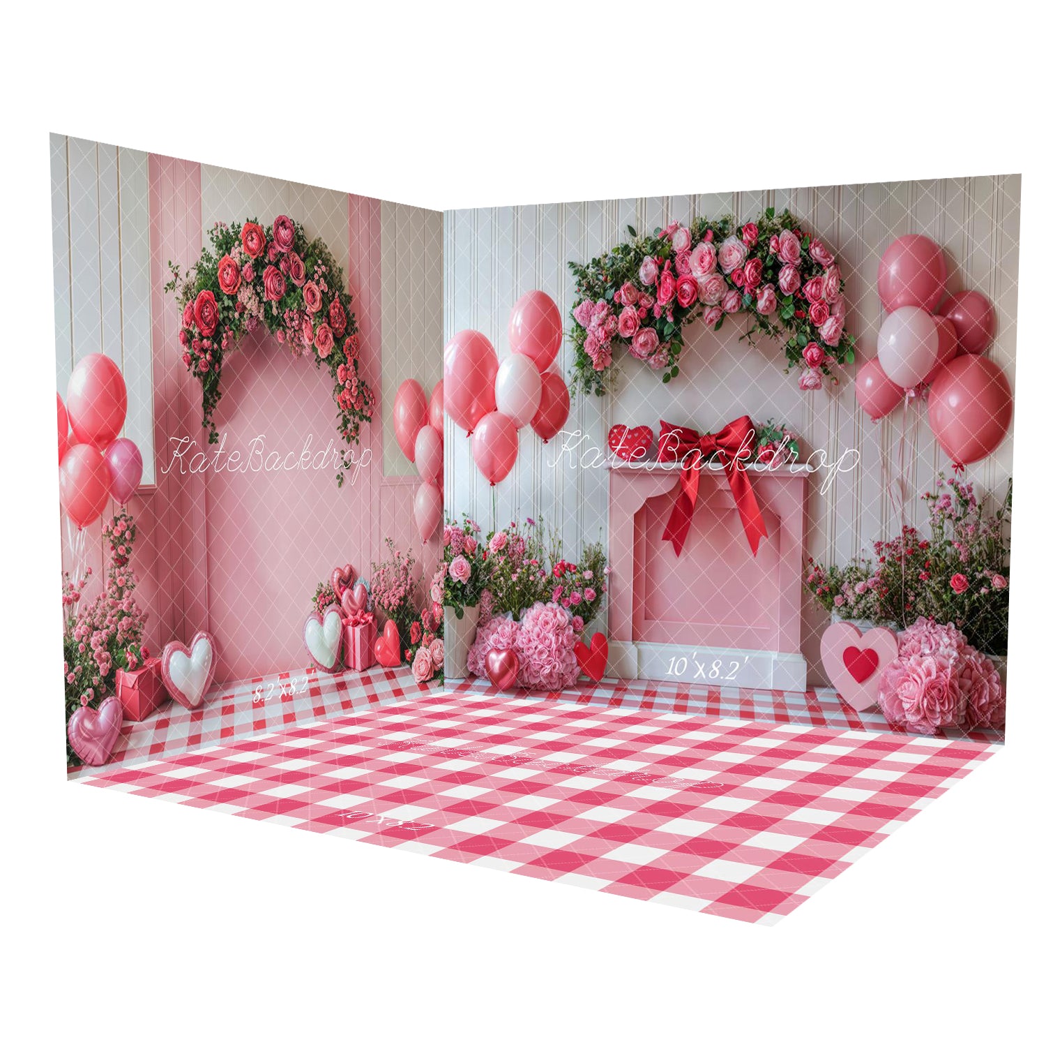 Kate Pink Birthday Party Fireplace Balloons Room Set(8ftx8ft&10ftx8ft&8ftx10ft) - Kate Backdrop AU