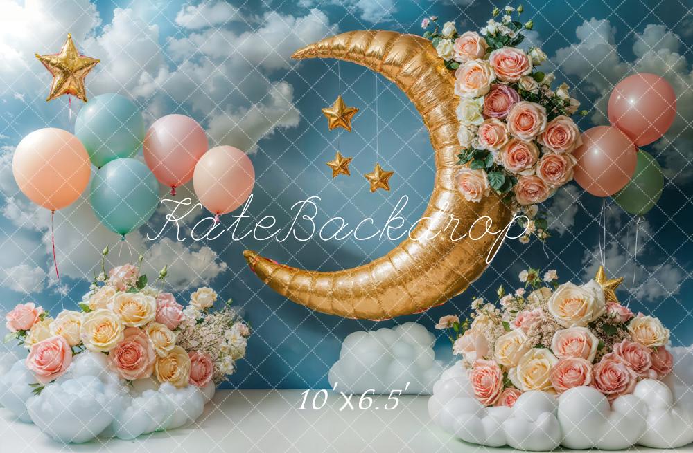 Kate Blue Clouds Moon Flowers Birthday Backdrop Designed by Emetselch - Kate Backdrop AU