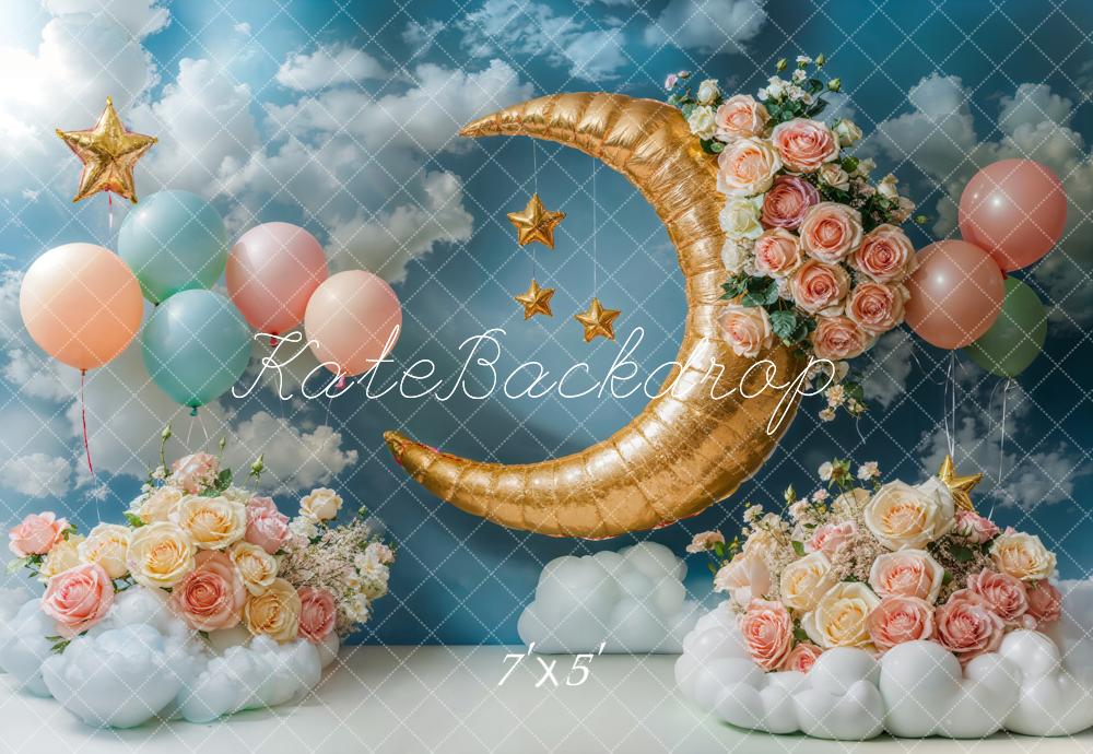 Kate Blue Clouds Moon Flowers Birthday Backdrop Designed by Emetselch - Kate Backdrop AU