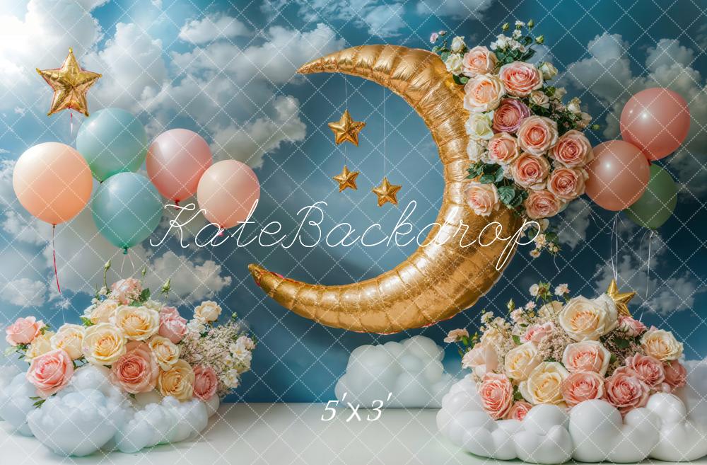 Kate Blue Clouds Moon Flowers Birthday Backdrop Designed by Emetselch - Kate Backdrop AU