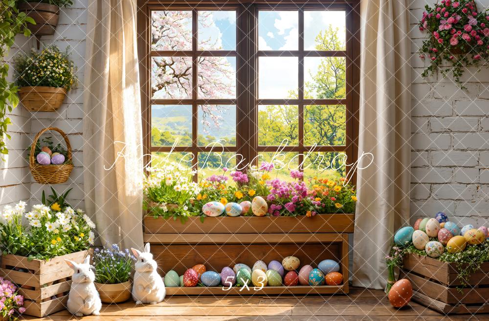 Kate Easter Bunny Floral Window Curtains Backdrop Designed by Emetselch - Kate Backdrop AU