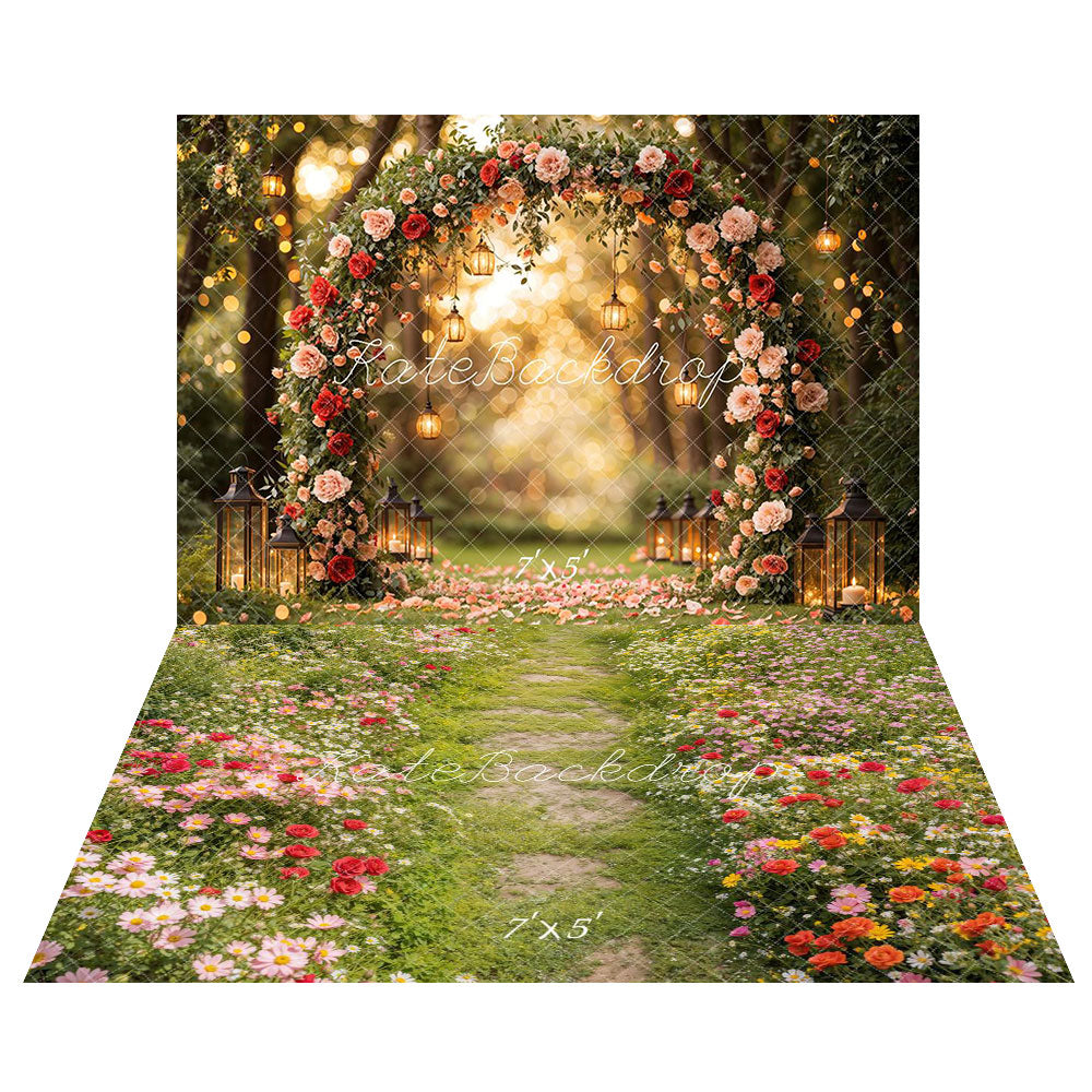 Kate Valentine Flower Arch Backdrop+Spring Floral Pathway Grass Floor Backdrop - Kate Backdrop AU
