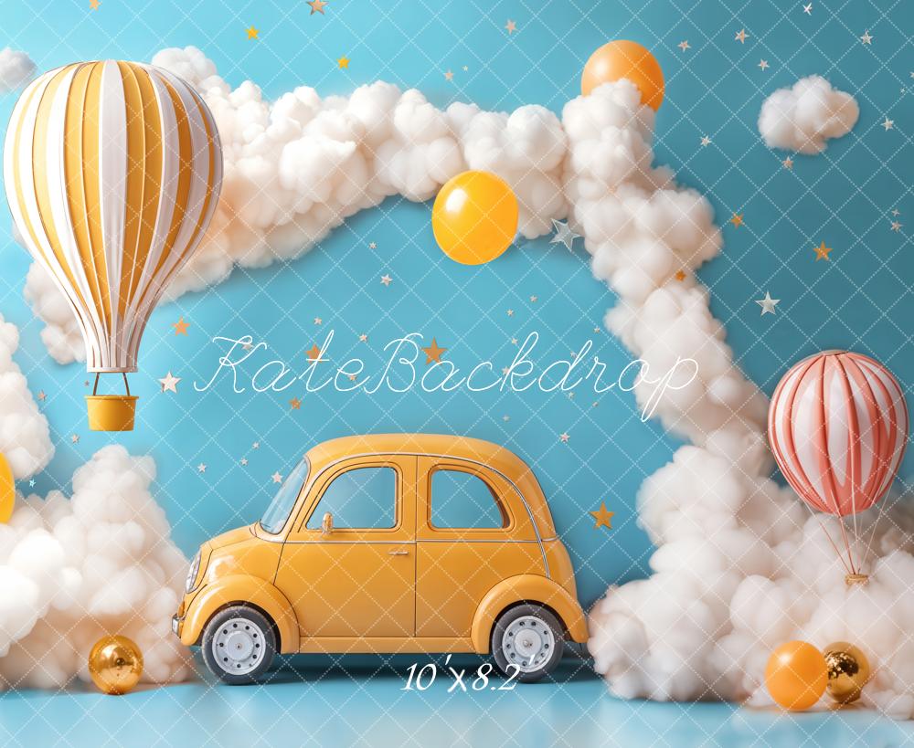 Kate Blue Cake Smash Backdrop Hot Air Balloon Car Clouds Designed by Emetselch - Kate Backdrop AU