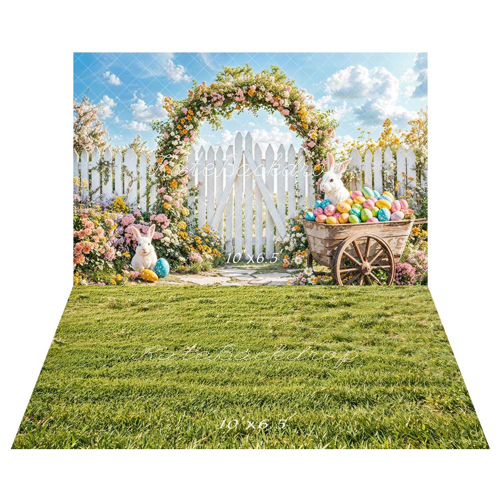 Kate Easter Bunny Flower Arch Fence Backdrop+Green Grass Backdrop - Kate Backdrop AU