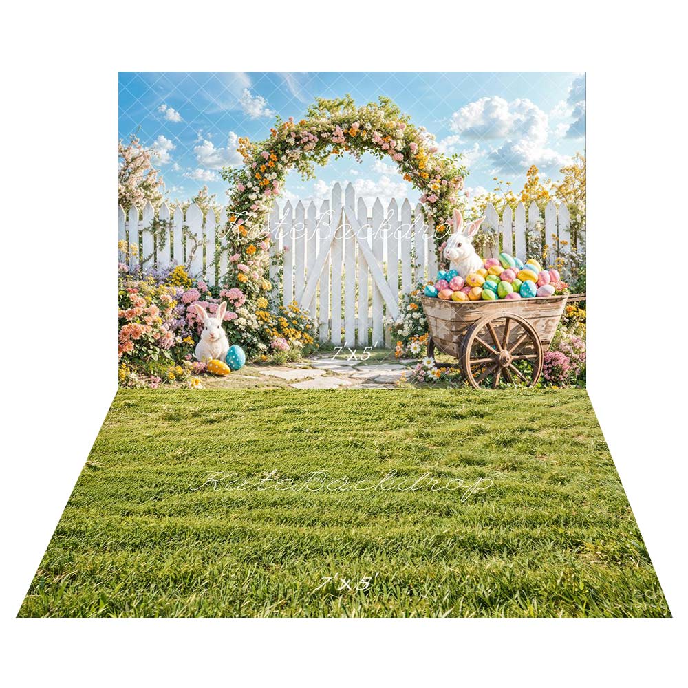Kate Easter Bunny Flower Arch Fence Backdrop+Green Grass Backdrop - Kate Backdrop AU