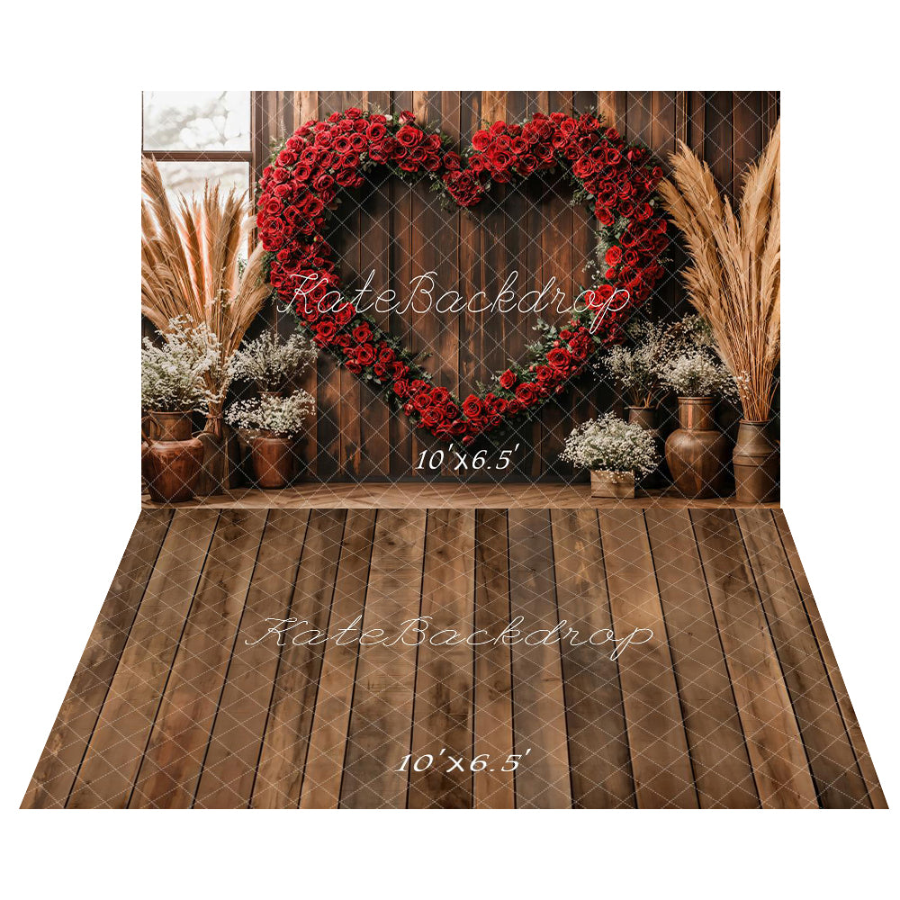 Kate Valentine Heart Rose Backdrop+Brown Old Wooden Floor Backdrop - Kate Backdrop AU
