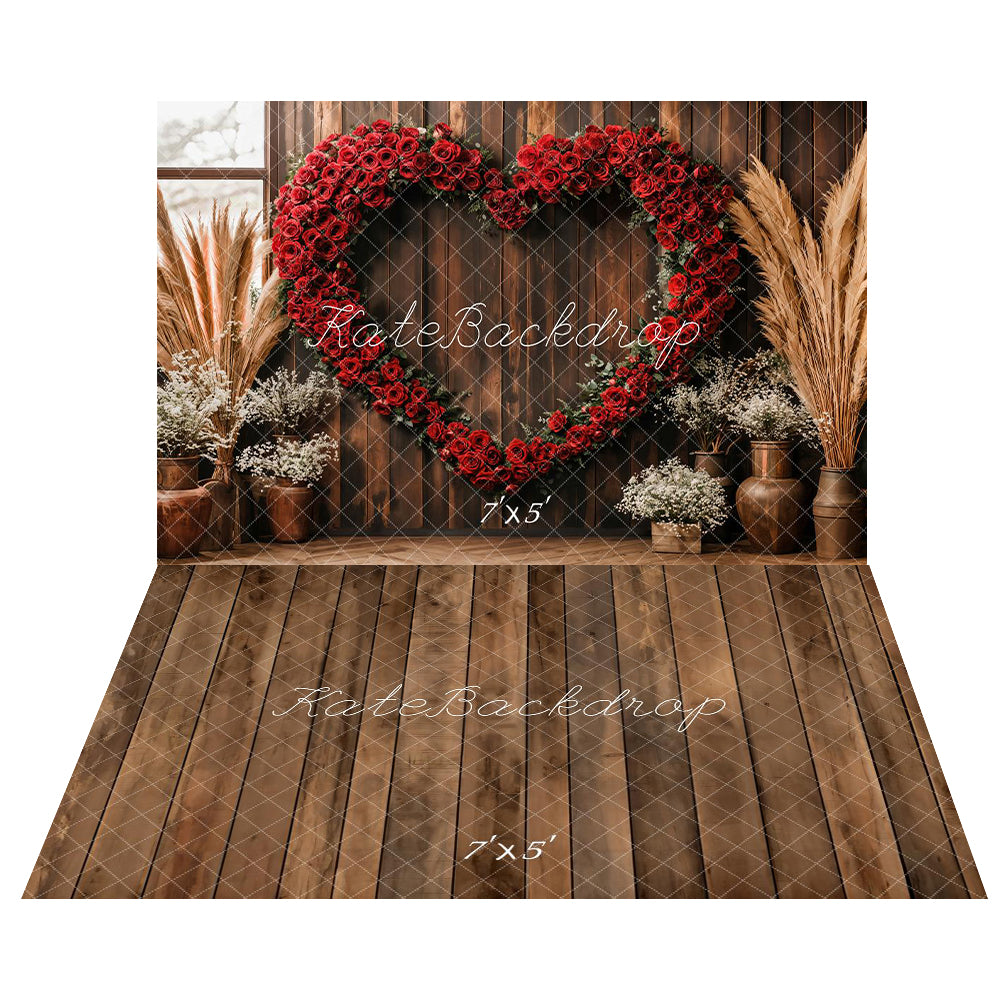 Kate Valentine Heart Rose Backdrop+Brown Old Wooden Floor Backdrop - Kate Backdrop AU
