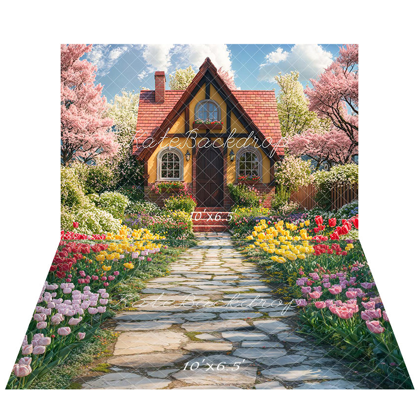 Kate Spring Cottage Garden Flowers Backdrop+Tulip Path Floor Backdrop - Kate Backdrop AU