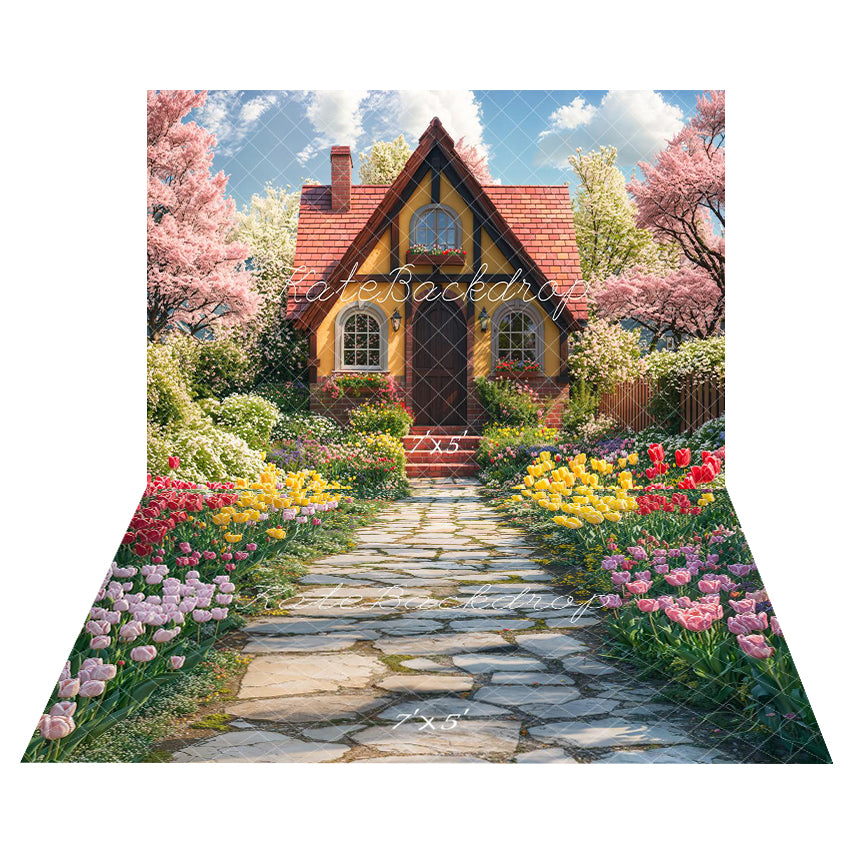Kate Spring Cottage Garden Flowers Backdrop+Tulip Path Floor Backdrop - Kate Backdrop AU