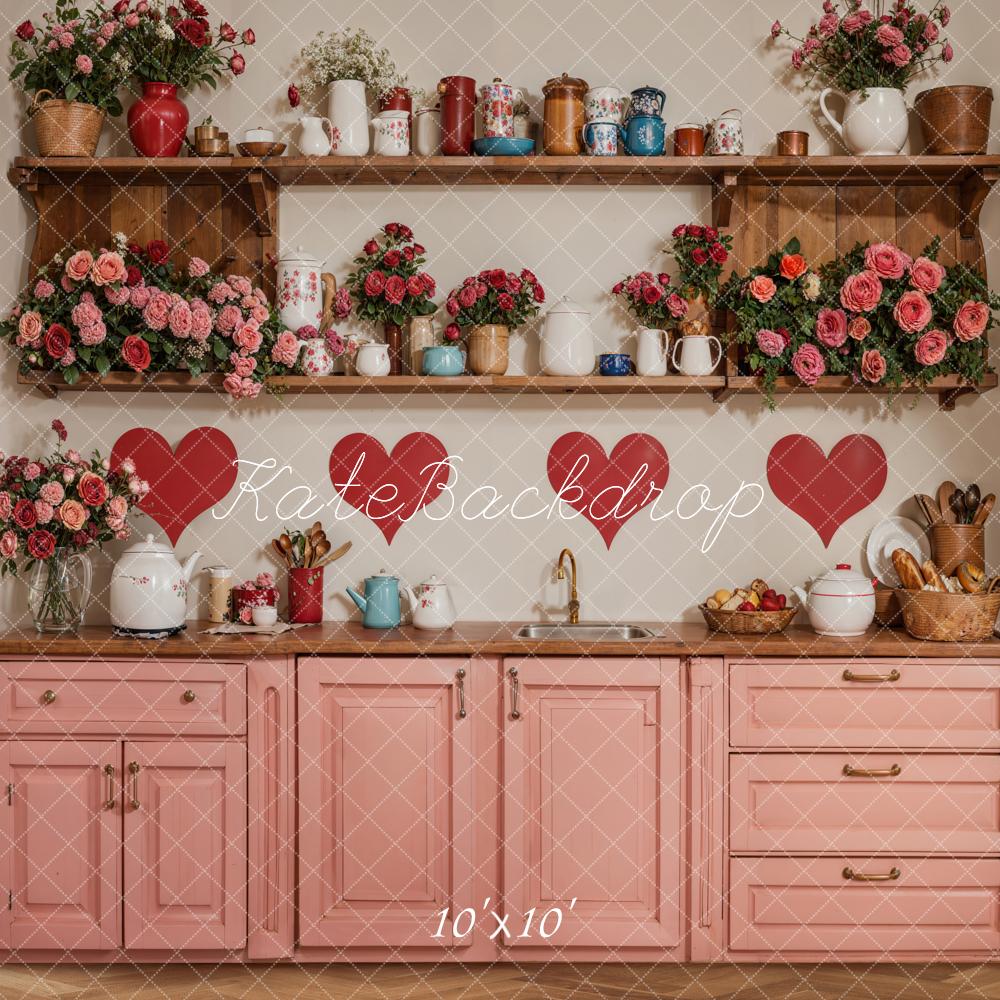Kate Valentine Kitchen Floral Red Heart Backdrop Designed by Emetselch - Kate Backdrop AU